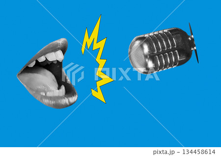 Halftone collage with a singing mouth and microphone. Vintage microphone and shouting mouth. Halftone collage with a singing mouth and microphone. Vintage microphone and shouting mouth. 134458614