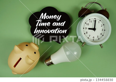 Money, Time, and Innovation text written on speed bubble with light bulb, piggy bank and alarm clock Money, Time, and Innovation text written on speed bubble with light bulb, piggy bank and alarm clock 134458830