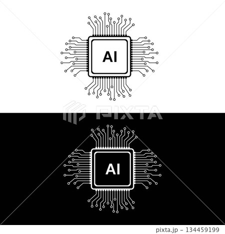 AI microchip symbol on white and black backgrounds, artificial intelligence circuit vector art isolated on a white background. AI microchip symbol on white and black backgrounds, artificial intelligence circuit vector art isolated on a white background. 134459199