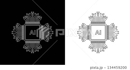 Artificial intelligence vector microchip line art style, black and white vector illustration icons representing advanced computing and innovation, isolated on a white background. 134459200