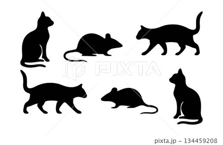 Black Silhouettes of Cats and Mice in Various Poses, animals vector art illustration design template isolated on a white background. 134459208