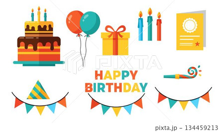 Colorful vector birthday celebration with cake, balloons, gift, candles, banner and party decorations isolated on a white background. 134459213