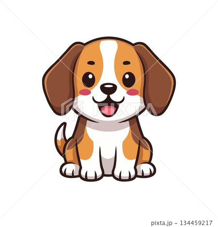 Cute cartoon vector puppy with brown, white and black fur sitting and smiling isolated on a white background. 134459217
