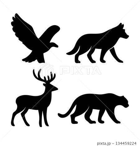 Four black vector silhouettes of animals, including a bird, wolf, deer, and a big panther, isolated on a white background 134459224