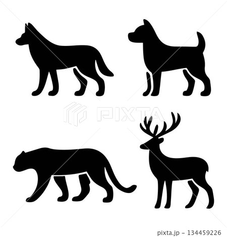 Four Black Silhouettes of Animals Including Wolf, Dog Deer and Leopard, vector illustration isolated on a white background. Four Black Silhouettes of Animals Including Wolf, Dog Deer and Leopard, vector illustration isolated on a white background. 134459226