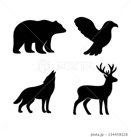 Four black silhouettes vector illustration of bear, wolf, deer and bird icon set collection isolated on a white background Four black silhouettes vector illustration of bear, wolf, deer and bird icon set collection isolated on a white background 134459228