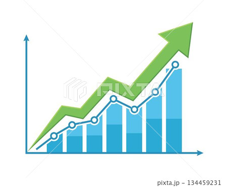 Green and blue upward trending graph with bars and line chart showing growth increase vector art object for business and finance isolated on a white background. Green and blue upward trending graph with bars and line chart showing growth increase vector art object for business and finance isolated on a white background. 134459231