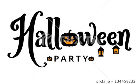 Halloween party text with pumpkins and lanterns in black and orange jack-o'-lantern vector art illustration design template isolated on a white background. 134459232