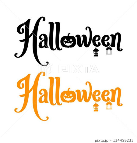 Halloween party text with pumpkins and lanterns in black and orange jack-o-lantern vector art illustration design template isolated on a white background. Halloween party text with pumpkins and lanterns in black and orange jack-o-lantern vector art illustration design template isolated on a white background. 134459233
