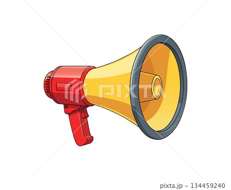 Vector Illustration design of a red and yellow megaphone with a black rim isolated on a white background. Loudspeaker vector icon with a colorful vibe on a white background. 134459240