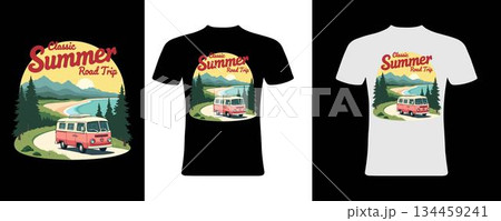 Red vintage camper van on summer road trip t- shirt red camper van vintage van vector art illustration design template isolated on a white background. 134459241