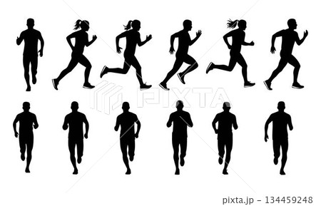 Silhouettes of men and women running in various poses, exercise vector art illustration design template isolated on a white background. Silhouettes of men and women running in various poses, exercise vector art illustration design template isolated on a white background. 134459248