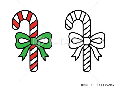 Two vector candy canes with ribbons, one red and white, one black and white green ribbon, isolated on a white background. 134459263