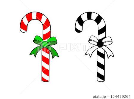 Two vector illustrations of candy canes with ribbons, one red and white, one black and white, holiday Christmas, isolated on a white background. Two vector illustrations of candy canes with ribbons, one red and white, one black and white, holiday Christmas, isolated on a white background. 134459264