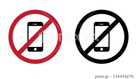 Two prohibition signs with a smartphone in red and black circles, no phone red circle vector art isolated on a white background. Two prohibition signs with a smartphone in red and black circles, no phone red circle vector art isolated on a white background. 134459270