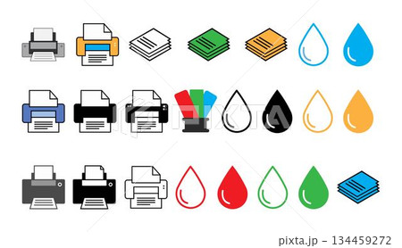 Various printers and ink droplets in different colors, green vector art illustration design template isolated on a white background. 134459272