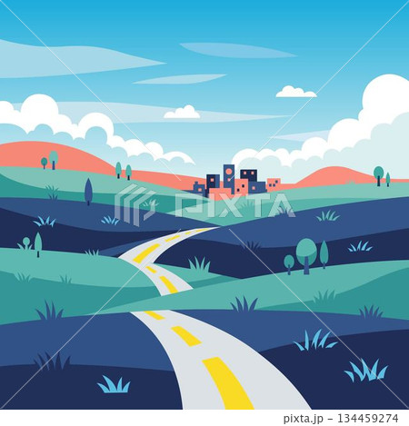 Winding road leading to small town with green hills and blue sky yellow lines white clouds cute cartoon puppy with orange and white fur sitting and smiling vector art illustration design template. Winding road leading to small town with green hills and blue sky yellow lines white clouds cute cartoon puppy with orange and white fur sitting and smiling vector art illustration design template. 134459274