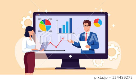 A woman and a man are discussing data on a large computer screen with charts and graphs, vector art illustration design template. 134459275