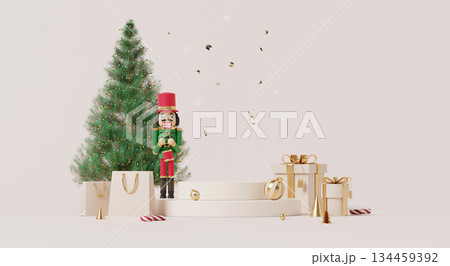 3D render, Minimal Christmas nutcracker with tree gifts and shopping bags festive scene 134459392