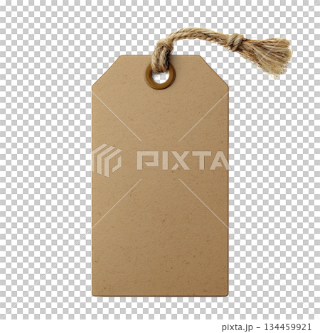 Blank Brown Gift Tag Hanging From String With a Clean Surface for Writing Messages 134459921