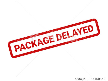 Grunge rubber stamp with PACKAGE DELAYED text indicating a shipping status update and notification 134460342