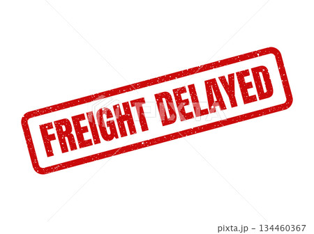 Grunge style red rubber stamp imprint showing FREIGHT DELAYED for tracking shipping timeline disruptions 134460367