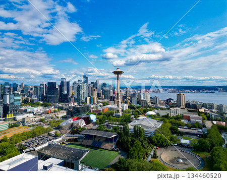 Aerial view of Seattle with Space Needle tower, drone view. Seattle downtown skyline. Aerial Seattle. Space Needle. Modern Seattle district, Elliott Bay. Architecture of aerial Space needle Aerial view of Seattle with Space Needle tower, drone view. Seattle downtown skyline. Aerial Seattle. Space Needle. Modern Seattle district, Elliott Bay. Architecture of aerial Space needle 134460520