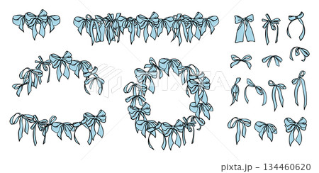 Collection of Trendy Blue Coquette Ribbon Bow, Bow Garland, Bow wreath. Hand-Drawn Feminine Vintage Elements for wedding invitation, textile, seasonal designs, cards, web banner. Vector Illustration. 134460620