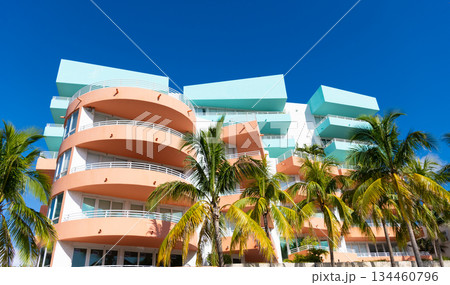 Ocean drive. Miami South Beach in Ocean Drive Florida. Art Deco building architecture. Architectural building. Art deco historic district. Modern building of Miami beach, Florida. Art Deco Weekend 134460796
