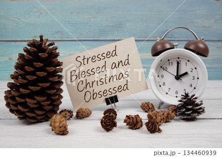 Stressed Blessed and Christmas Obsessed text written on paper card with alarm clock and pine cones decoration on wooden background Stressed Blessed and Christmas Obsessed text written on paper card with alarm clock and pine cones decoration on wooden background 134460939