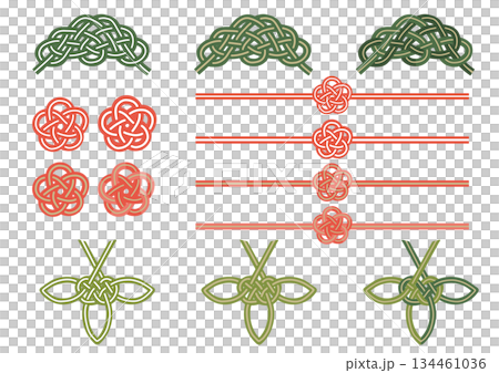 Auspicious Mizuhiki pine, bamboo, and plum knots: A set of hand-drawn illustrations featuring the pine, bamboo, and plum knots Auspicious Mizuhiki pine, bamboo, and plum knots: A set of hand-drawn illustrations featuring the pine, bamboo, and plum knots 134461036