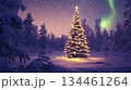 Christmas tree illuminated in a snowy forest under the aurora borealis sky at dusk 134461264