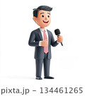 A cartoon character, a host or a journalist in a costume, holds a microphone in their hands and is isolated on a white background 134461265