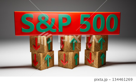 S and P 500 index symbol. Wooden blocks displaying S and P 500 and directional arrows indicating market trends with green and red symbols. On a table with a white background. 3d rendering S and P 500 index symbol. Wooden blocks displaying S and P 500 and directional arrows indicating market trends with green and red symbols. On a table with a white background. 3d rendering 134461269