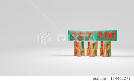 S and P 500 index symbol. Wooden blocks displaying S and P 500 and directional arrows indicating market trends with green and red symbols. On a table with a white background. Copyspace. 3d rendering 134461271