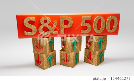 S and P 500 index symbol. Wooden blocks displaying S and P 500 and directional arrows indicating market trends with green and red symbols. On a table with a white background. 3d rendering 134461272