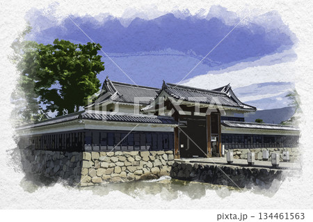 水彩画風 松本城 高麗門 長野県松本市 水彩画風 松本城 高麗門 長野県松本市 134461563