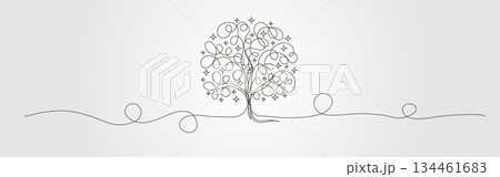 Continuous line drawing of oak tree vector design, shady tree with random lines illustration 134461683
