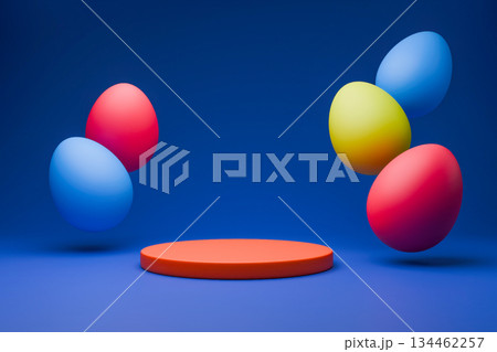 Vibrant red and blue flying Easter eggs around red podium. Vibrant red and blue flying Easter eggs around red podium. 134462257