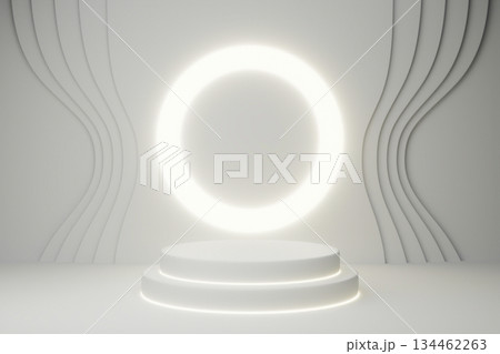 Glowing white neon circle on white 3D podium. Glowing white neon circle on white 3D podium. 134462263