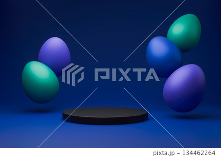 Floating purple and blue Easter eggs around black podium. Floating purple and blue Easter eggs around black podium. 134462264