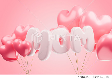 Pink MOM balloons with hearts on pink background. Pink MOM balloons with hearts on pink background. 134462270