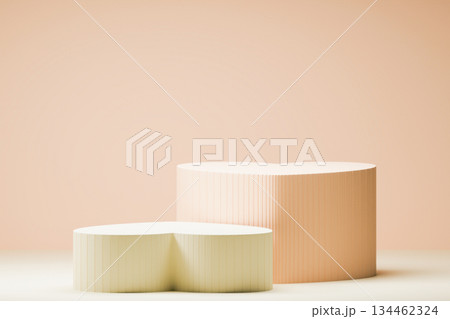Beige heart-shaped 3D podiums on peach background. Beige heart-shaped 3D podiums on peach background. 134462324