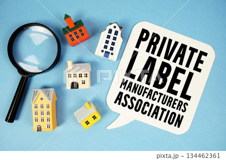 PLMA Private Label Manufacturers Association text with house models on blue background 134462361
