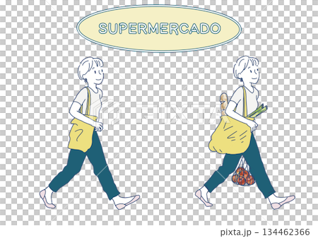 エコバッグを持ってスーパーマーケットで買い物をする日常風景|買い物、スーパー、エコバッグ、人物、 エコバッグを持ってスーパーマーケットで買い物をする日常風景|買い物、スーパー、エコバッグ、人物、 134462366