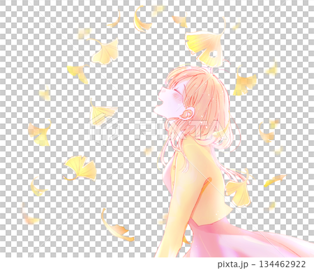 笑う女性　秋　イチョウ 134462922