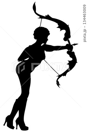Silhouette of Woman Archer with Decorative Bow 134463009