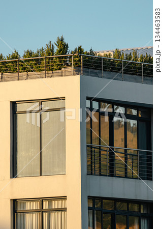 architecture building with large glass windows and a rooftop garden architecture building with large glass windows and a rooftop garden 134463583