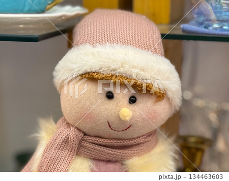 Close-up Christmas Soft fabric doll in pink winter clothing with hat and scarf on the shelf Close-up Christmas Soft fabric doll in pink winter clothing with hat and scarf on the shelf 134463603