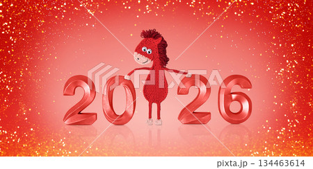 Crocheted toy fiery red horse and red numbers. The symbol of the year 2026 on a white background. Chinese New Year greeting card Crocheted toy fiery red horse and red numbers. The symbol of the year 2026 on a white background. Chinese New Year greeting card 134463614